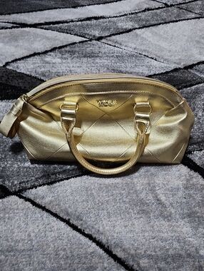VINTAGE VICTORIA SECRET SMALL GOLD-METALLIC QUILTED FULL-ZIP TOP-HANDLE SATCHEL